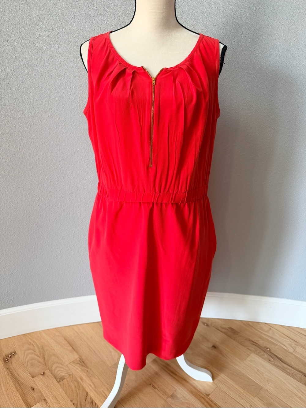 ELIZA J 100% Silk Orangish Red Pleated Zip Sheath Dress 12 | Lux Coral Workwear
